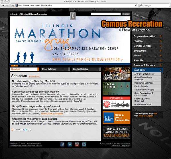 Screenshot from Campus Rec home page