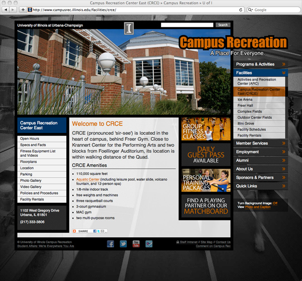 Screenshot from Campus Rec facility page