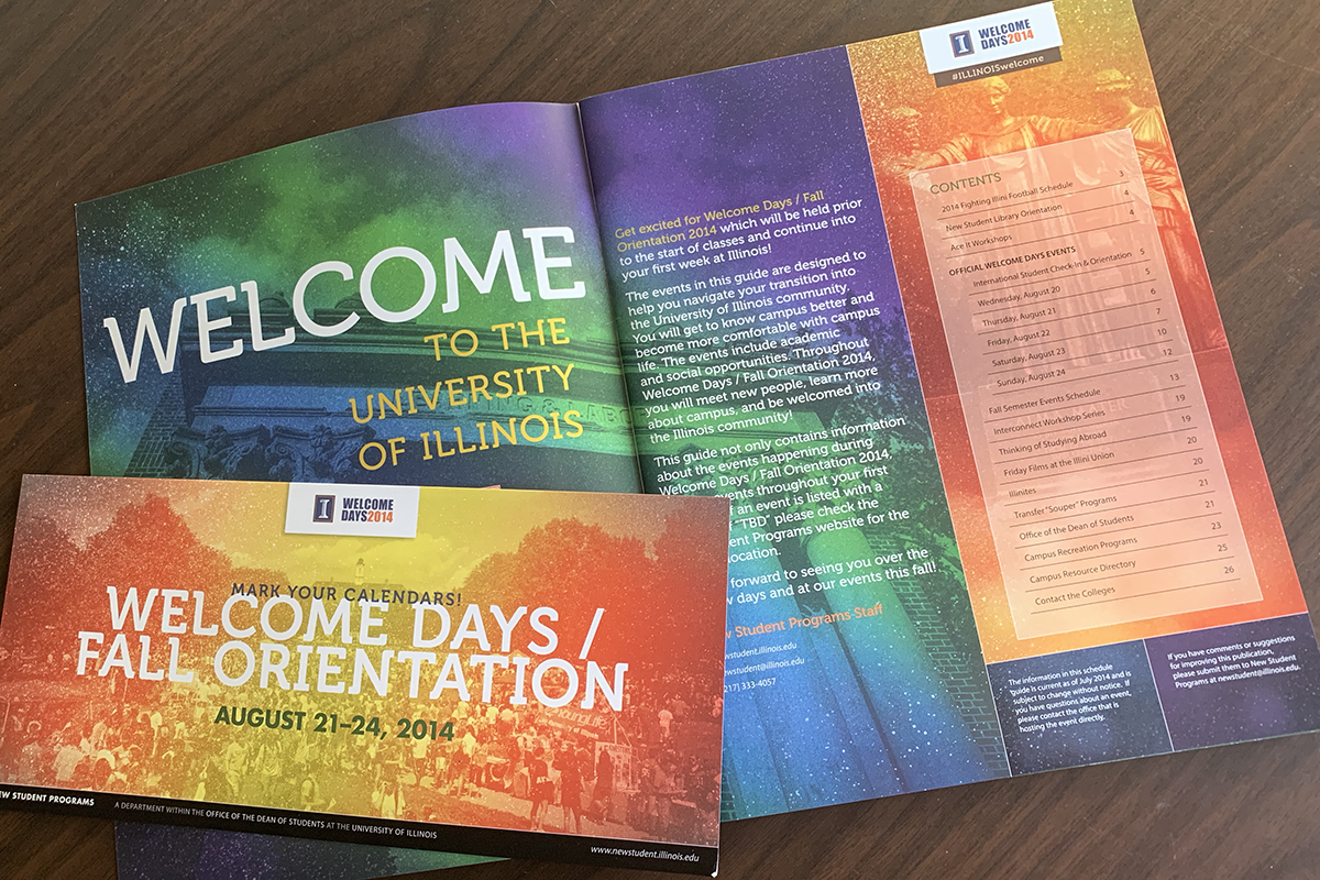 Photo of Welcome Days schedule book and postcard